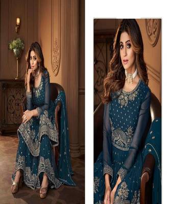 Ocean Blue embroidery georget stitched gharara suits gharara salwar suits 3