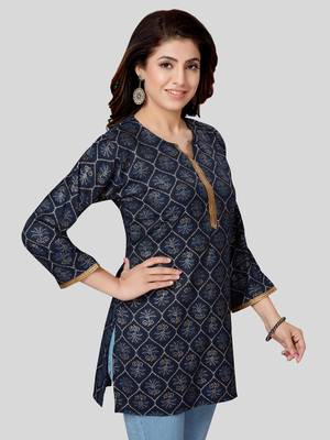 Navy-blue printed rayon short-kurtis 3