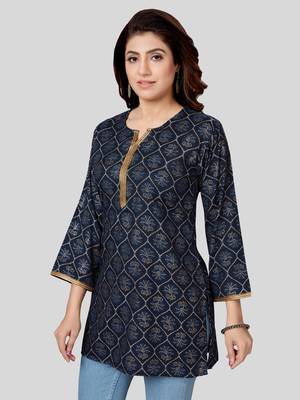 Navy-blue printed rayon short-kurtis 4