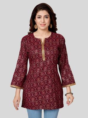 Wine printed rayon short-kurtis 1