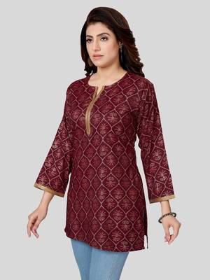 Wine printed rayon short-kurtis 4