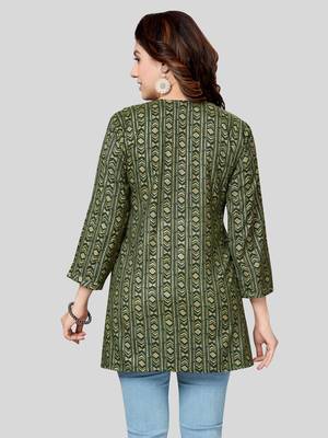 Green printed rayon short-kurtis 2