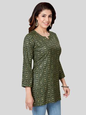 Green printed rayon short-kurtis 3