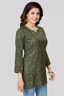 Green printed rayon short-kurtis