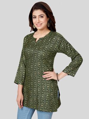 Green printed rayon short-kurtis 4