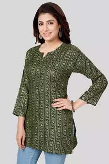 Green printed rayon short-kurtis