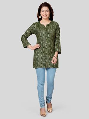 Green printed rayon short-kurtis 5
