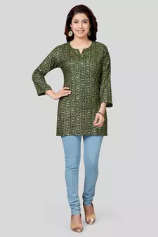 Green printed rayon short-kurtis