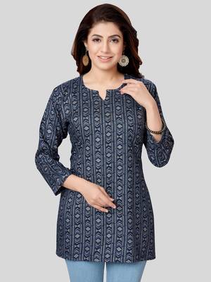 Navy-blue printed rayon short-kurtis 1