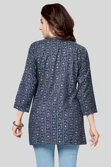 Navy-blue printed rayon short-kurtis