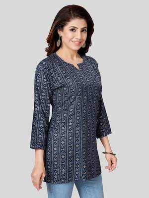 Navy-blue printed rayon short-kurtis 3