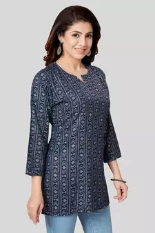 Navy-blue printed rayon short-kurtis