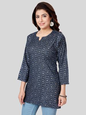 Navy-blue printed rayon short-kurtis 4