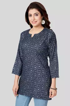 Navy-blue printed rayon short-kurtis
