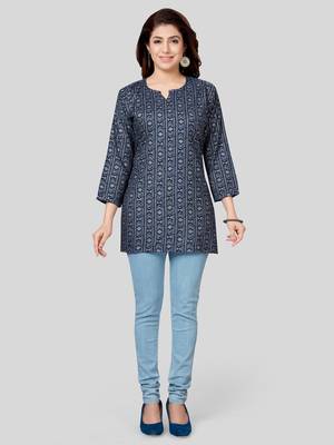 Navy-blue printed rayon short-kurtis 5