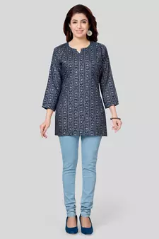 Navy-blue printed rayon short-kurtis