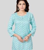 Blue printed rayon short-kurtis