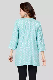 Blue printed rayon short-kurtis