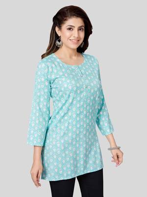Blue printed rayon short-kurtis 3