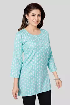 Blue printed rayon short-kurtis