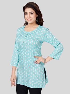 Blue printed rayon short-kurtis 4