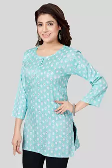 Blue printed rayon short-kurtis