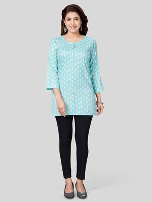 Blue printed rayon short-kurtis 5