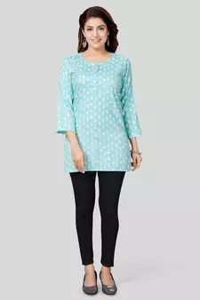 Blue printed rayon short-kurtis