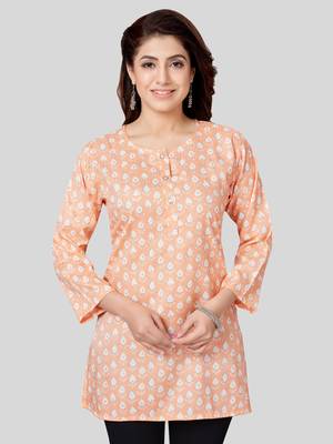 Peach printed rayon short-kurtis 1