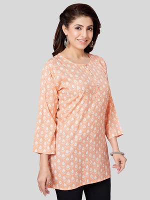 Peach printed rayon short-kurtis 3