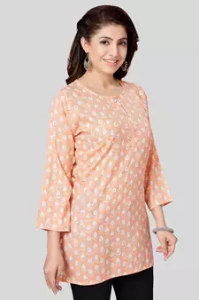 Peach printed rayon short-kurtis