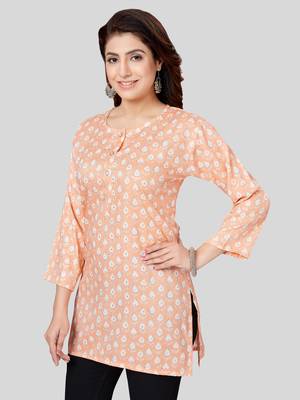 Peach printed rayon short-kurtis 4
