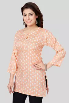 Peach printed rayon short-kurtis