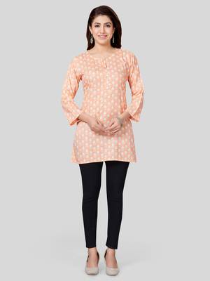 Peach printed rayon short-kurtis 5