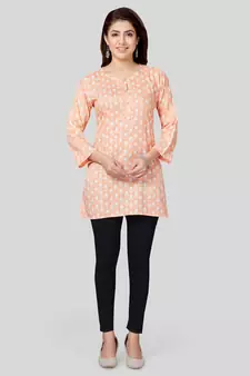 Peach printed rayon short-kurtis