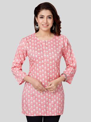 Pink printed rayon short-kurtis 1