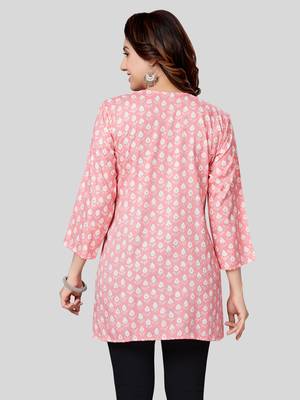 Pink printed rayon short-kurtis 2