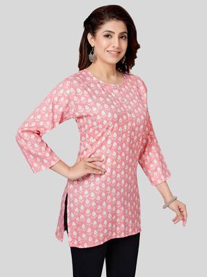 Pink printed rayon short-kurtis 3