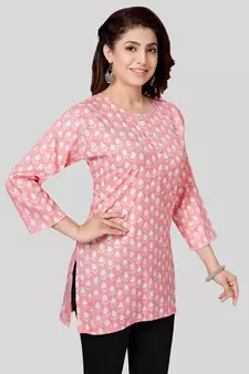 Pink printed rayon short-kurtis