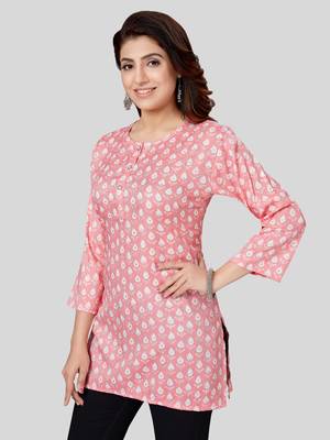 Pink printed rayon short-kurtis 4