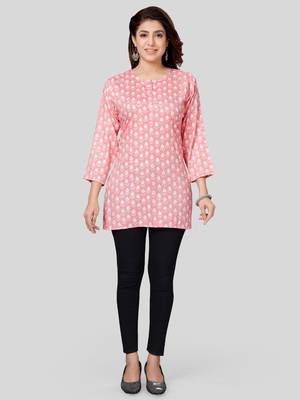 Pink printed rayon short-kurtis 5