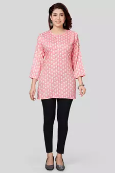 Pink printed rayon short-kurtis