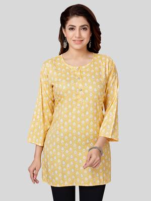 Yellow printed rayon short-kurtis 1