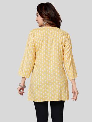Yellow printed rayon short-kurtis 2