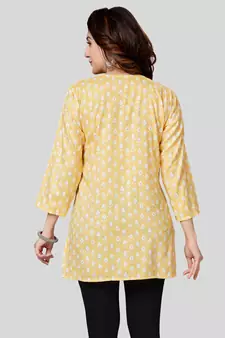 Yellow printed rayon short-kurtis