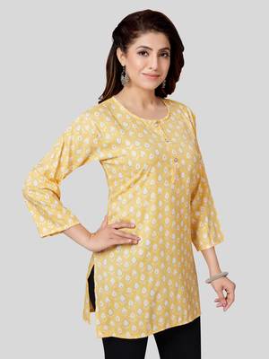 Yellow printed rayon short-kurtis 3