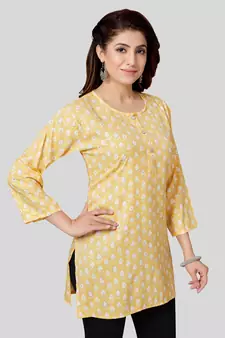 Yellow printed rayon short-kurtis