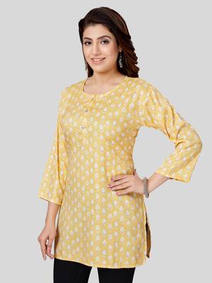 Yellow printed rayon short-kurtis 4