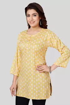 Yellow printed rayon short-kurtis