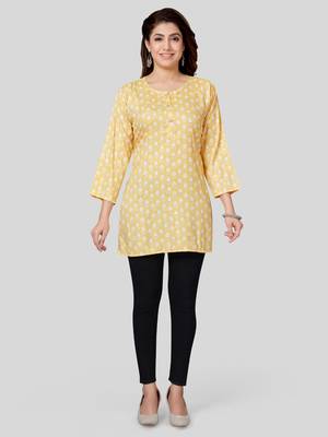 Yellow printed rayon short-kurtis 5